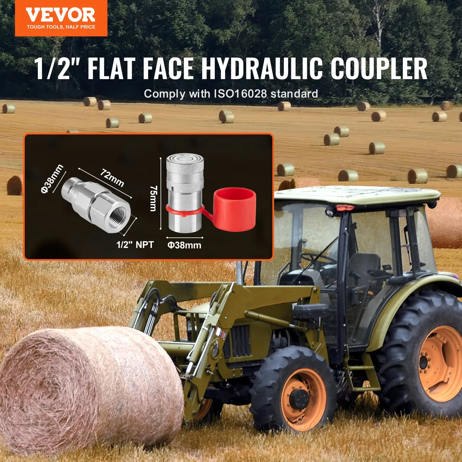 1/2" Flat Face Hydraulic Couplers, 3/4 SAE Skid Steer Hydraulic Quick Connect Couplers With 2 Dust Caps (ISO16028)