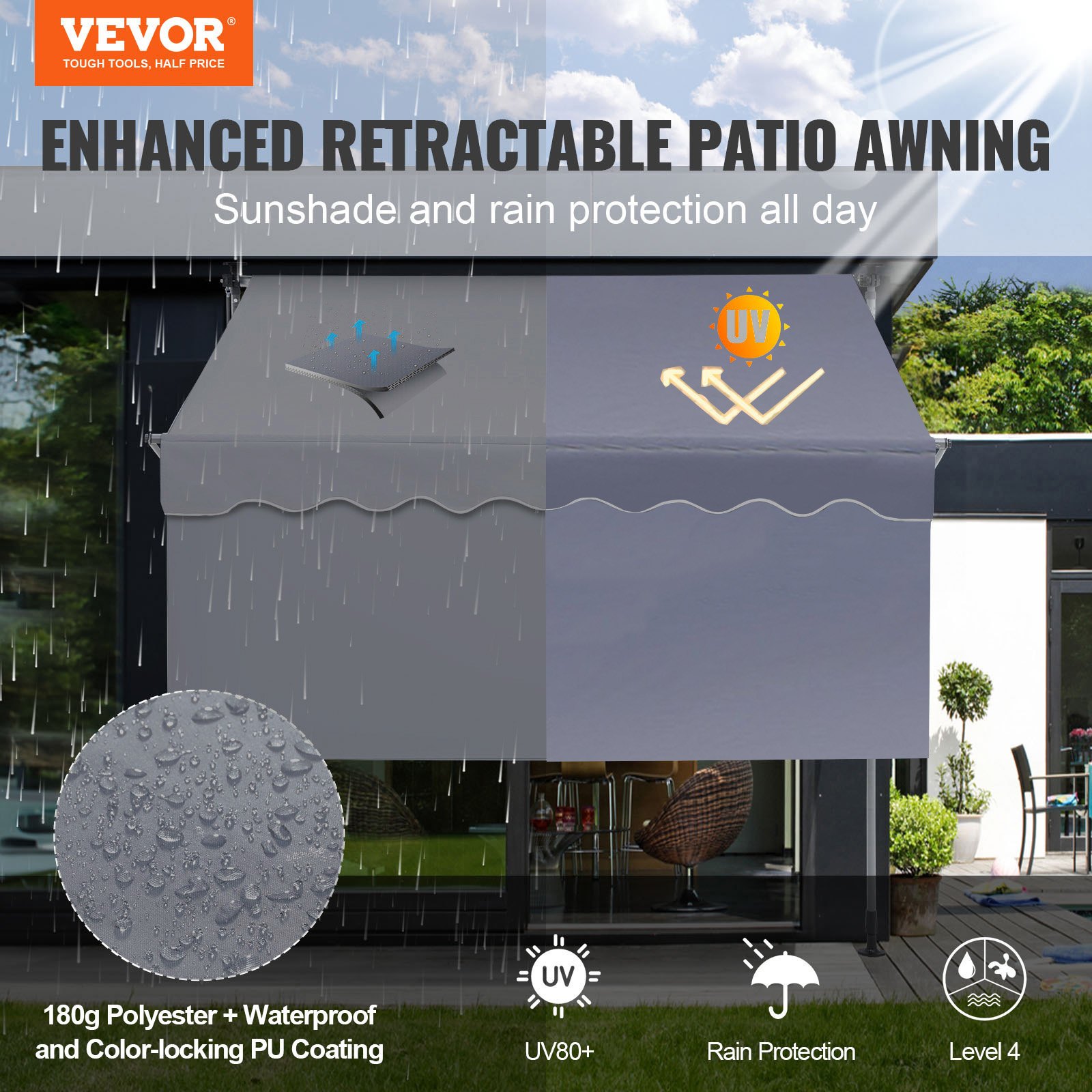 Manual Retractable Awning, 118″ Outdoor Retractable Patio Awning Sunshade Shelter, Adjustable Patio Door Window Awning Canopy With 39″ Sun Shade Curtain For Backyard, Garden, Balcony
