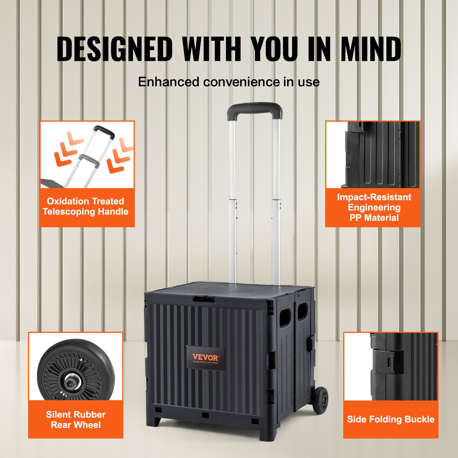 Foldable Utility Cart, 80 Lbs Load Capacity, Folding Portable Rolling Crate Handcart With Durable Heavy Duty Telescoping Handle And 2 Wheels For Travel Shopping Moving Luggage Office Use, Black