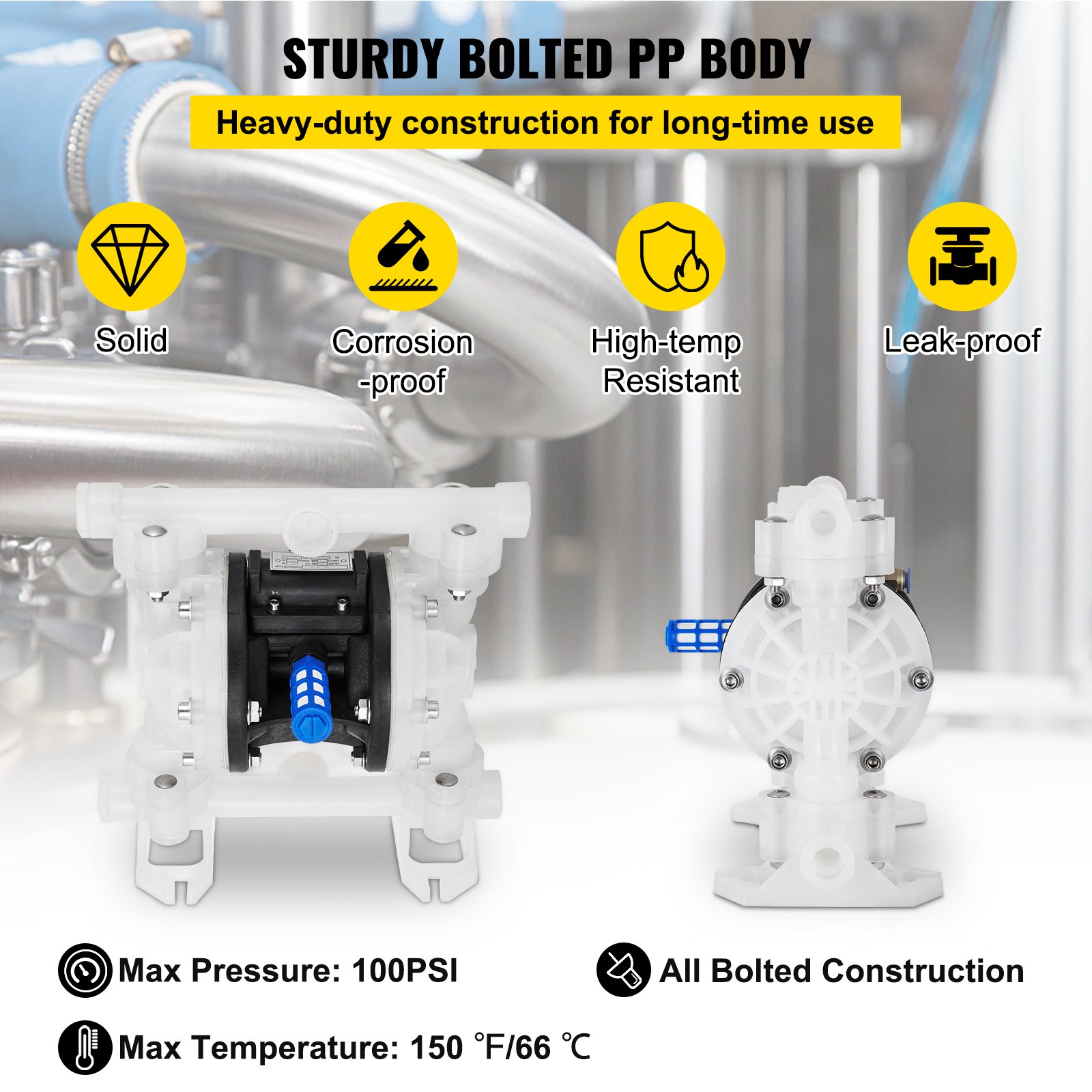 Air Double Diaphragm Pump 7GPM 100PSI Polypropylene Diaphragm Water Pump With 1.3 Cm Inlet & Outlet Ports Air Pump Diaphragm 6900.7 Cm Max Head Air-operated Diaphragm Pump With Sealed Ball Valve - Image 4