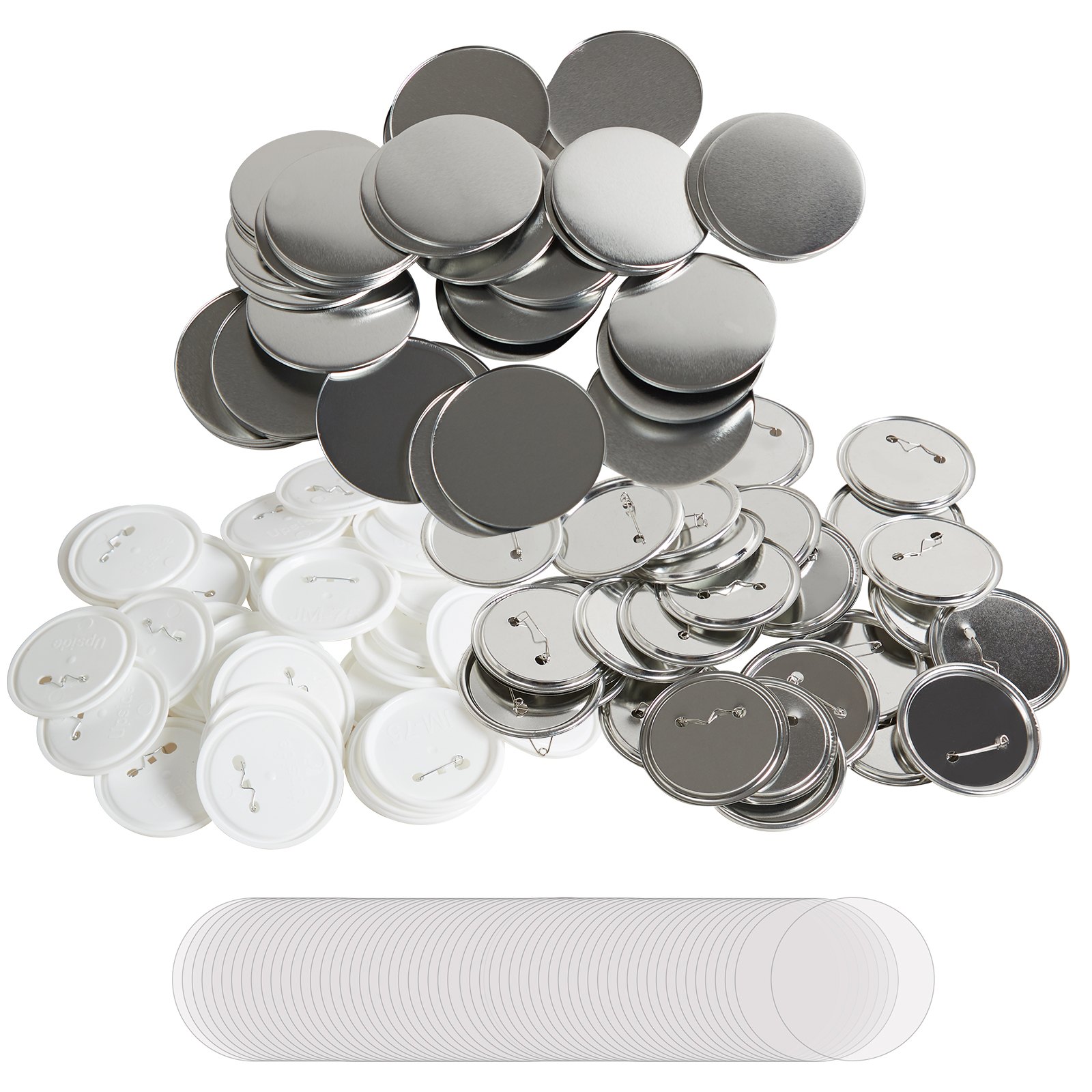 500 Sets 2.25 Inch 58mm Pin Back Button Parts, DIY Round Button Badge Parts, Set Includes Metal Top, Plastic/Metal Button, Clear Film, And Blank Paper For Gifts Presents, Machine NOT Included