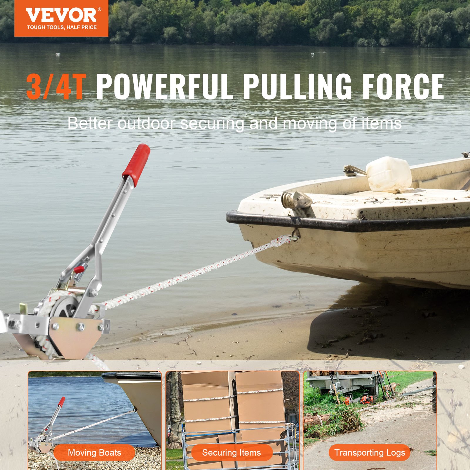 Rope Puller, 3/4 Ton (750 Kg) Pulling Capacity, With 30.48 M Of 1.52 Cm Dia. Rope, 2 Hook, Come Along Winch, Heavy Duty Ratchet Power Puller Tool For Moving Boats, Securing Items, Transporting Logs - Image 2