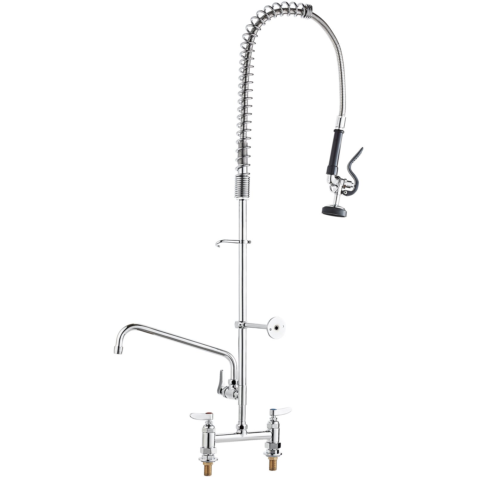 Commercial Faucet With Pre-Rinse Sprayer, 44″ Height, 8″ Center, 12″ Swing Spout, Deck Mount Kitchen Sink Faucet, Brass Constructed Device With Pull Down Spray, For 1/2/3 Compartment Sink
