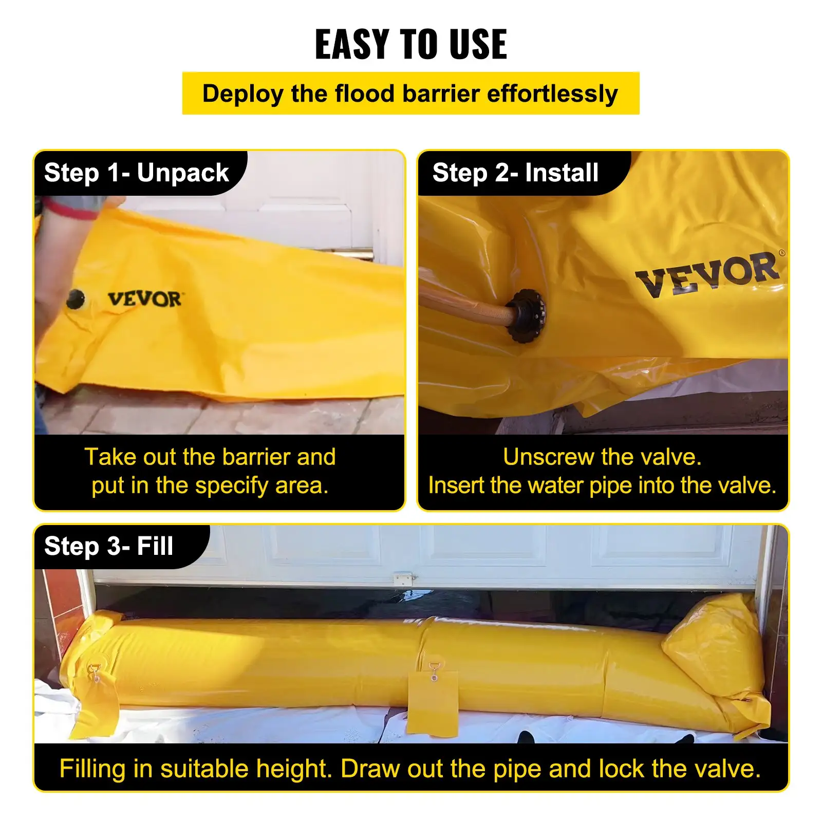 Flood Bag, 7.32 M Length X 30.5 Cm Height, Reusable PVC Water Diversion Tubes, Lightweight With Excellent Waterproof Effect Used For Doorways, Garages, Yellow