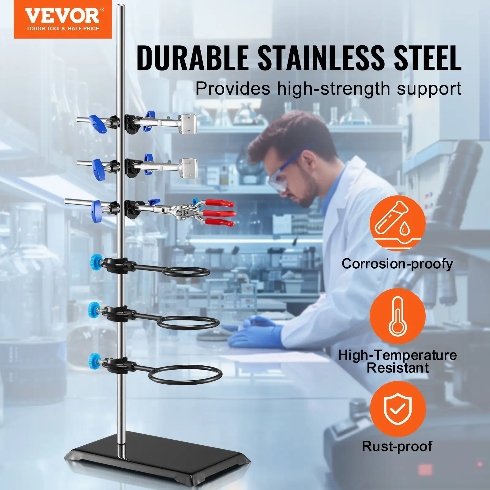 Lab Stand Support, Laboratory Retort Support Stand Set, Steel Lab Stand 59.9 Cm Rod And 21.1 X 13.5 Cm Cast Iron Base, Includes Flask Clamps, A Burette Clamp An