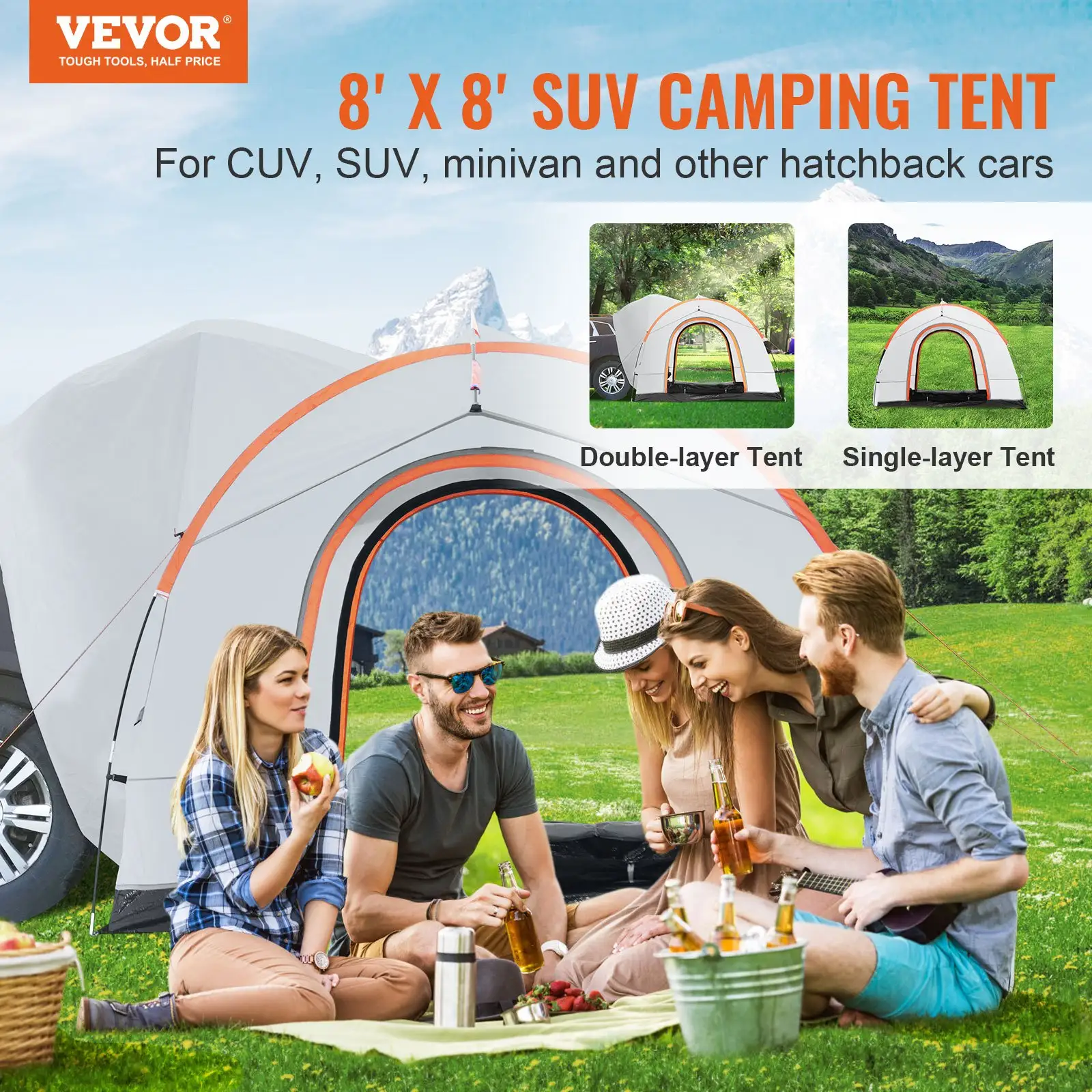 SUV Camping Tent, 8'-8' SUV Tent Attachment For Camping With Rain Layer And Carry Bag, Waterproof PU2000mm Double Layer Truck Tent, Accommodate 6-8 Person, Rear