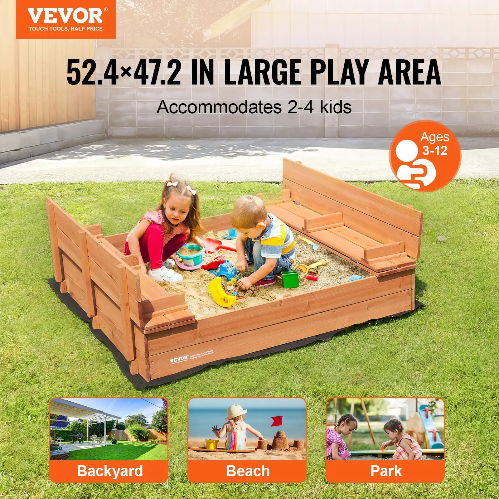 Wooden Sandbox, 52.4 X 47.2 X 16.9 In Sand Box, Sand Pit With Foldable Bench Seats And Bottom Liner, Natural Wood Kids Sandbox For Outdoor Backyard, Beach, Park