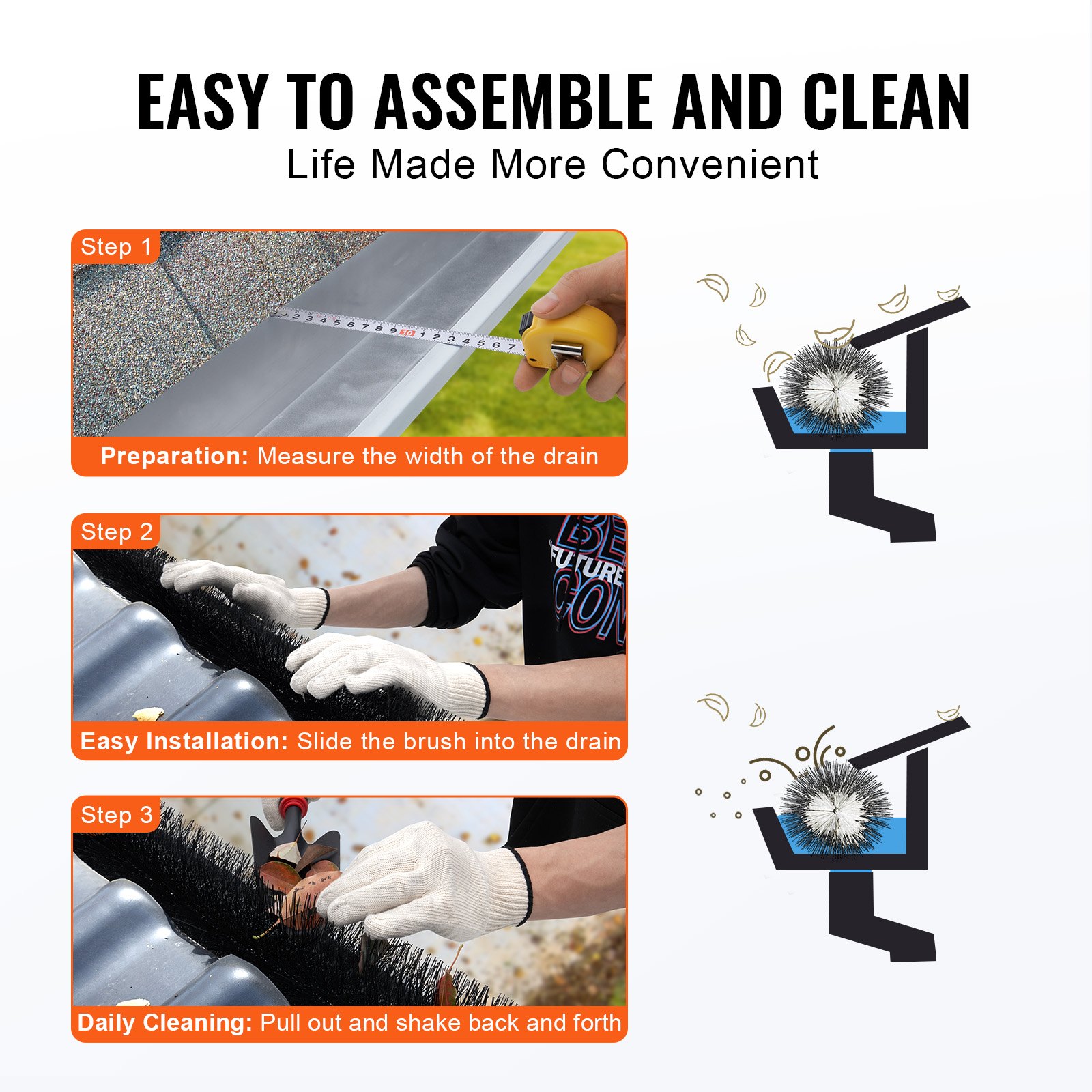 Gutter Brush, 60 Feet Total Length 5.25 Inch Diameter Gutter Cleaning Tools, Ground-Level Gutter Brush Leaf Guard For 5 Inch Gutters, Easily Clear Roof Leaves And Debris, 20 Pack