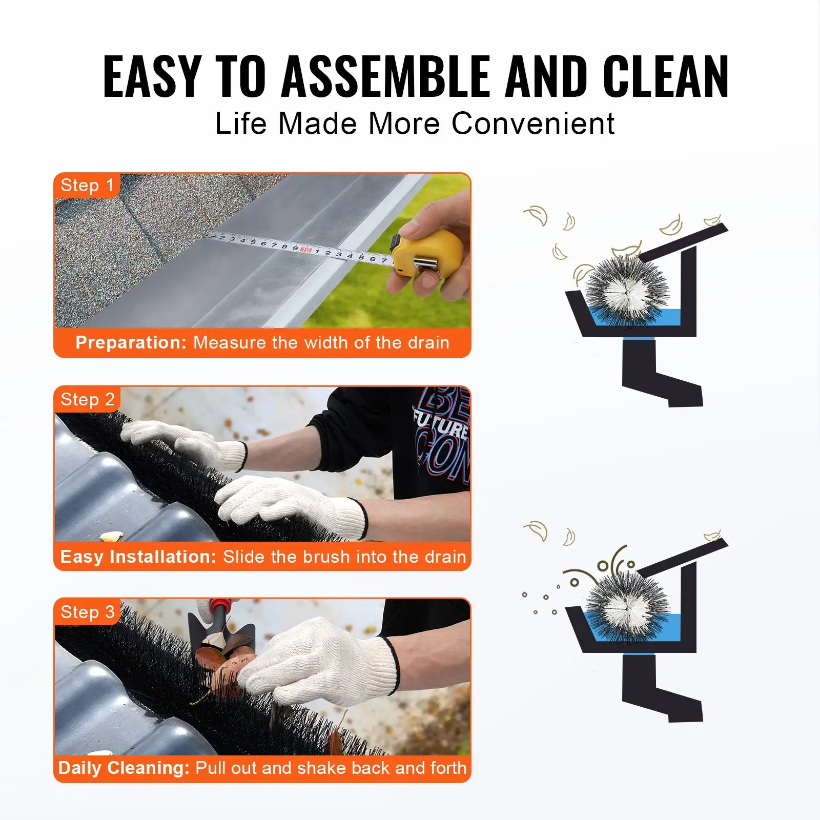 Gutter Brush, 60 Feet Total Length 5.25 Inch Diameter Gutter Cleaning Tools, Ground-Level Gutter Brush Leaf Guard For 5 Inch Gutters, Easily Clear Roof Leaves A