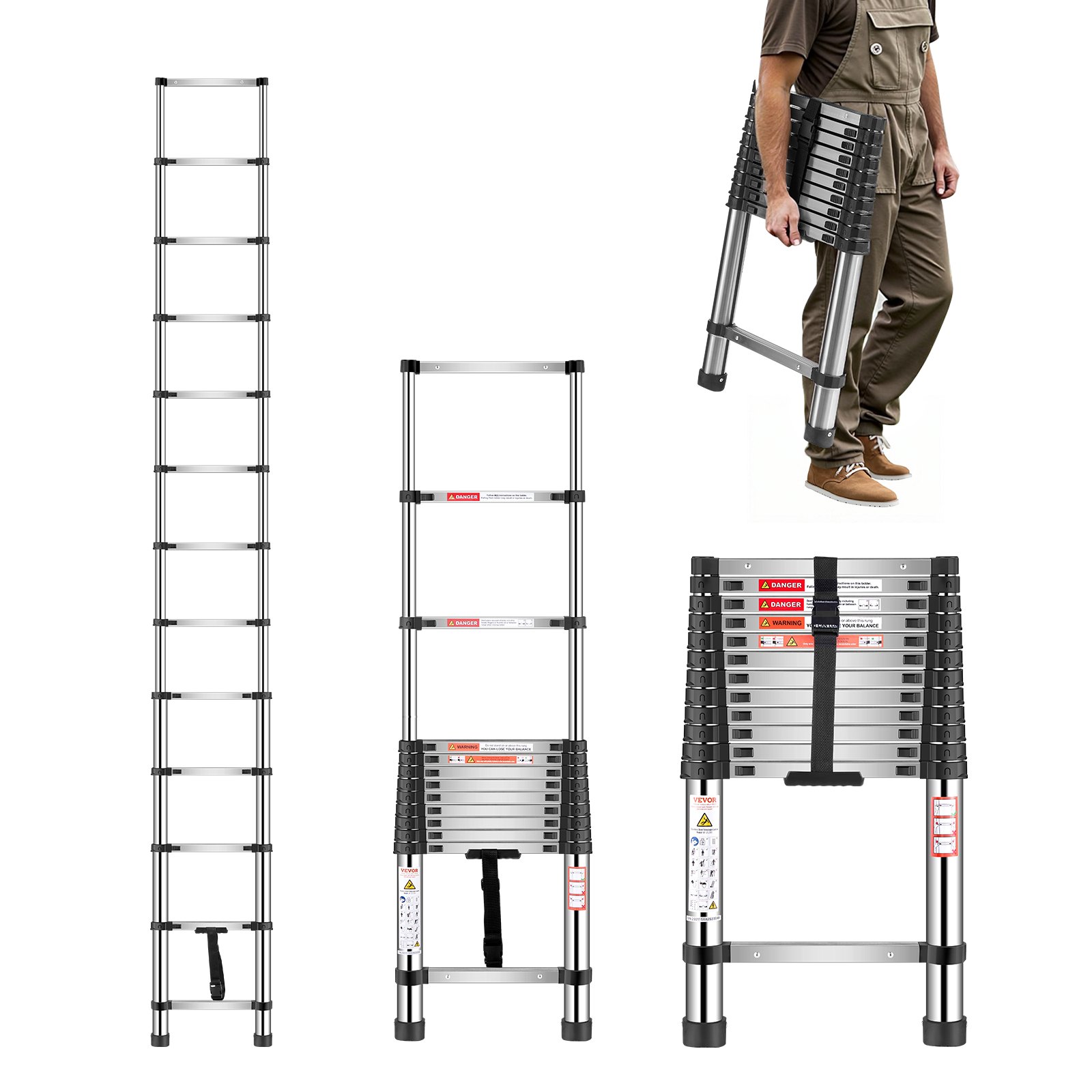 Telescoping Ladder, 3740mm Stainless Steel Lightweight Extension Ladder, Multi-Button Retraction Collapsible Ladders, 150 Kg Capacity & Non-Slip Feet, Portable 13-Step Ladders For Home RV Loft