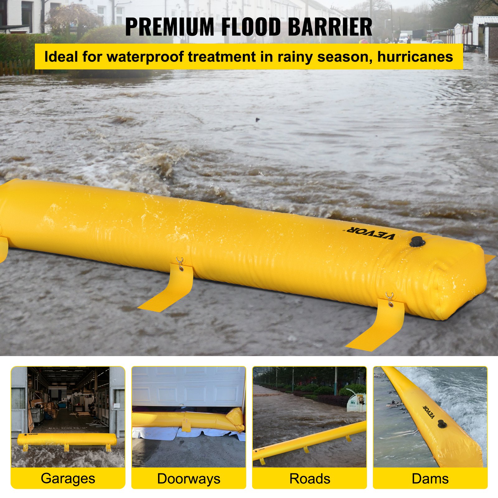 Flood Bag, 7.32 M Length X 30.5 Cm Height, Reusable PVC Water Diversion Tubes, Lightweight With Excellent Waterproof Effect Used For Doorways, Garages, Yellow - Image 4