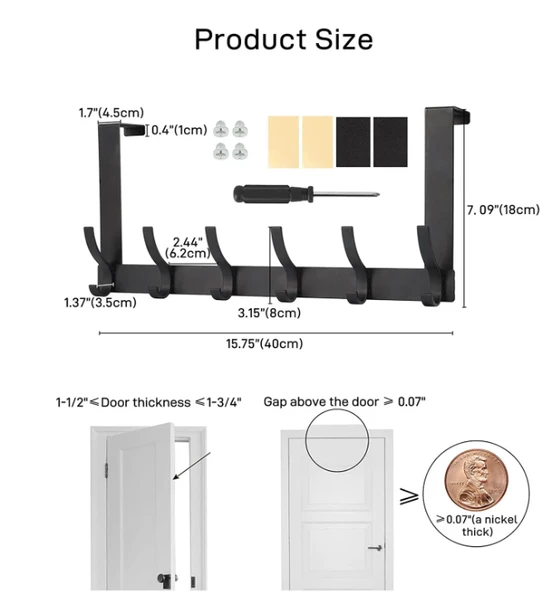 Door Hooks, Door Towel Rack, With 12 Hooks For Hanging Clothes, Coats, Towels, And Hats, 1 Piece, Black. — foto 5