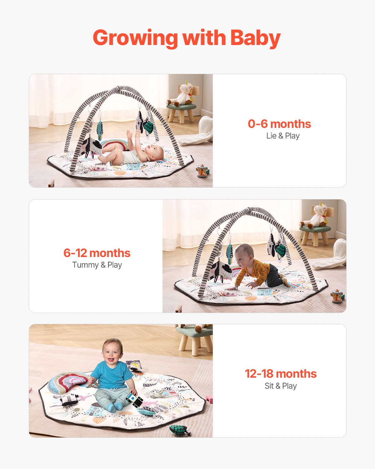 Baby Play Gym Mat, Tummy Time Mat With 6 Detachable Sensory Toys, 41.7 Inches X 41.7 IncheLarge-Sized Baby Newborn Activity Mat With Fold-up Sides & Soft Fabric For Sensory And Motor Skill Development