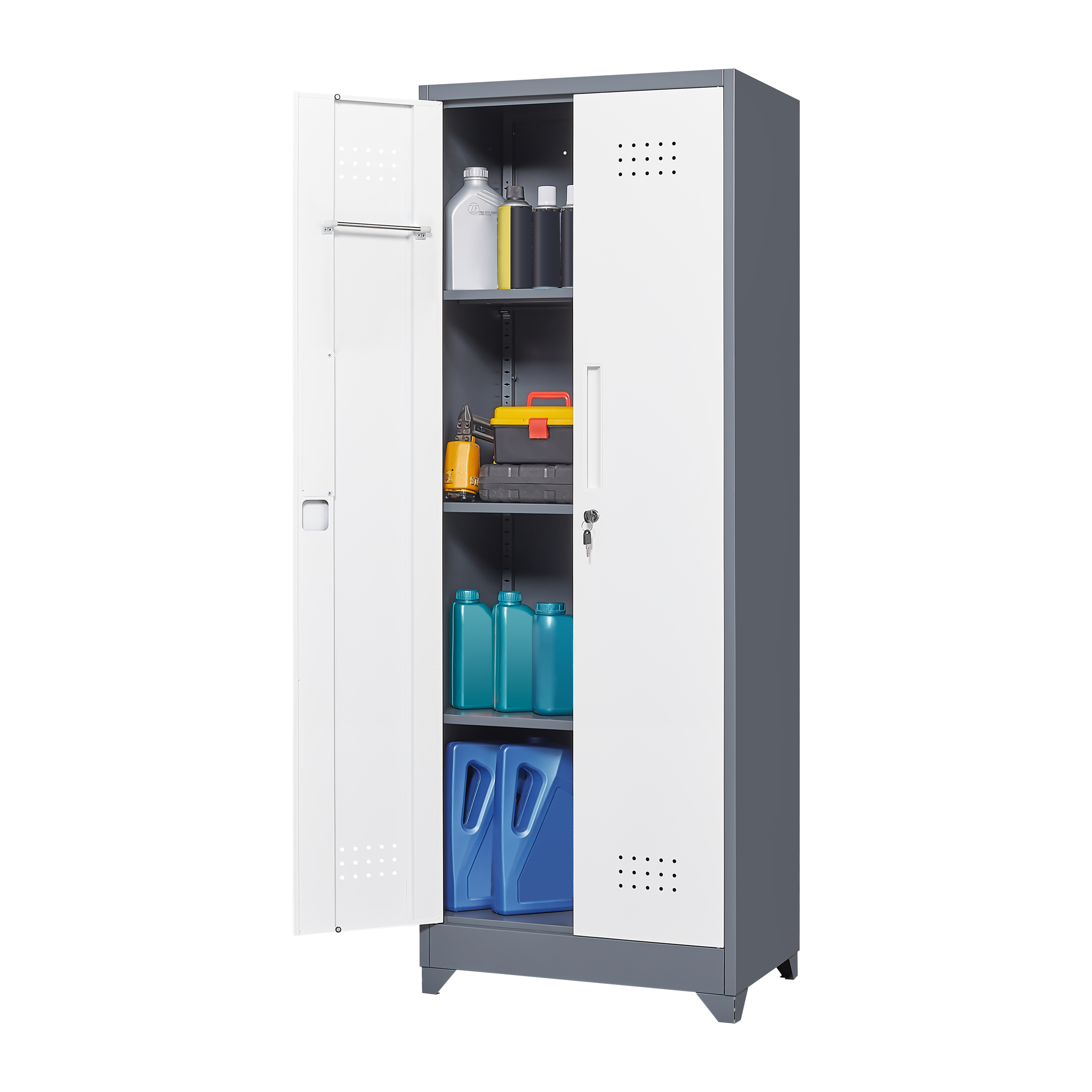 Broom Storage Cabinet With Locking Doors And Shelves, 65 H Metal Storage Cabinet With Hanging Rod & S-Hooks, Cleaning Tool Storage Cabinet Grey