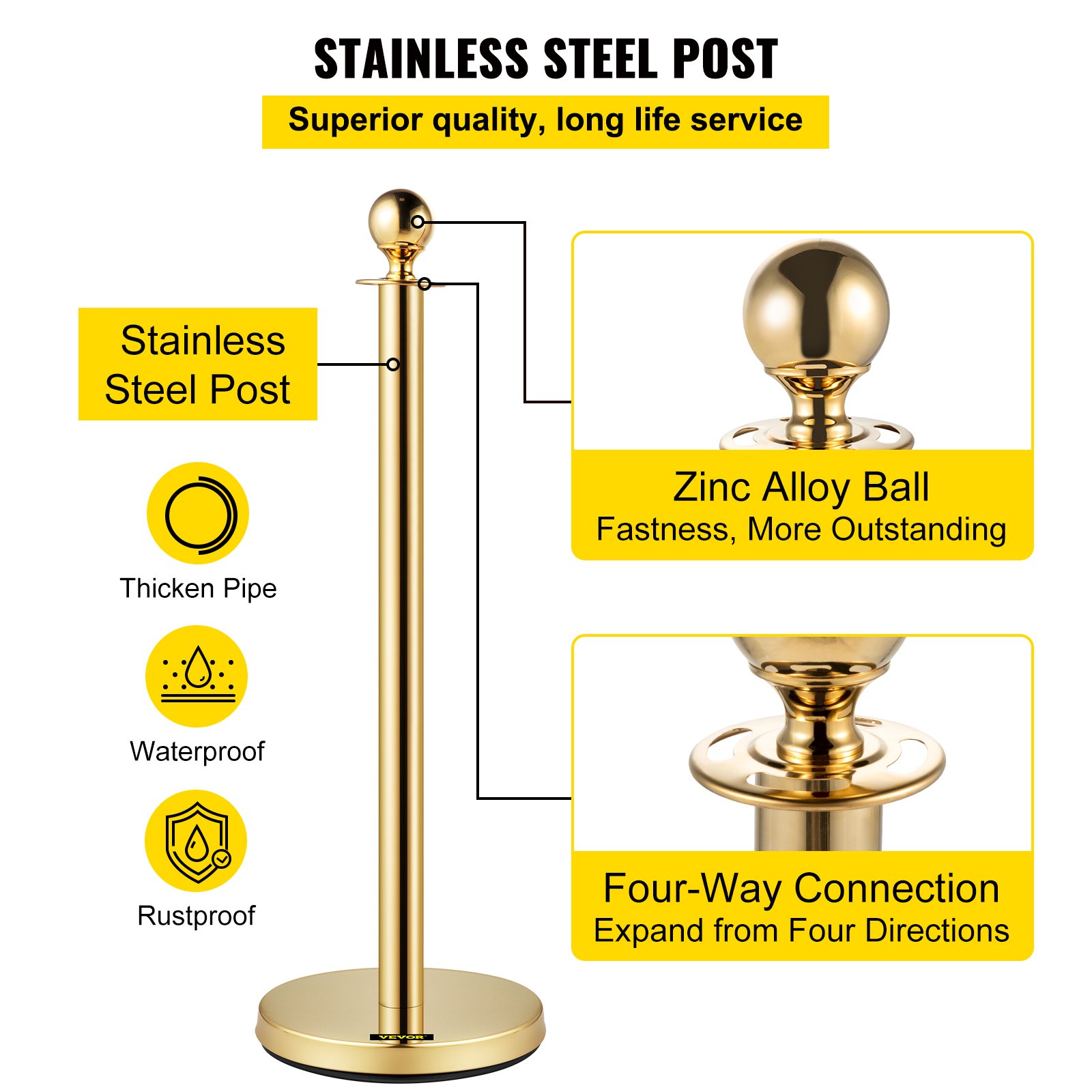 Velvet Ropes And Posts, 5 Ft-1.5 M Red Rope, Stainless Steel Gold Stanchion With Ball Top, Red Crowd Control Barrier Used For Theaters, Party, Wedding, Exhibition, Ticket Offices Pack Sets -6