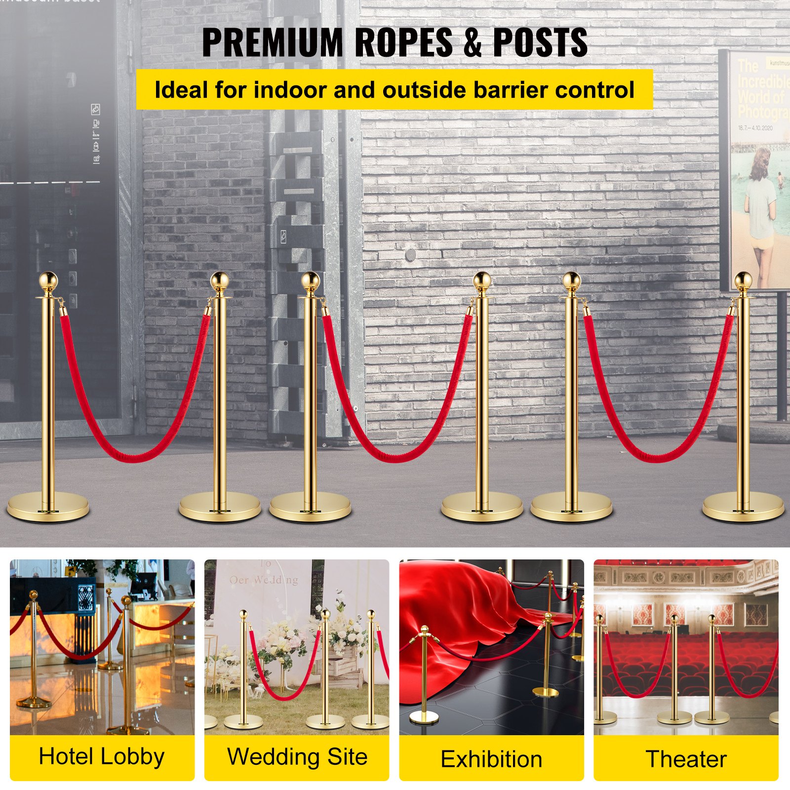 Velvet Ropes And Posts, 5 Ft-1.5 M Red Rope, Stainless Steel Gold Stanchion With Ball Top, Red Crowd Control Barrier Used For Theaters, Party, Wedding, Exhibition, Ticket Offices Pack Sets -6