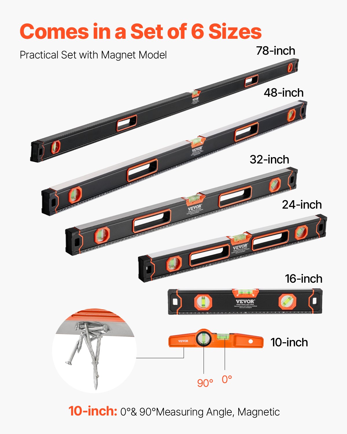 6-piece Torpedo Level Set, 78, 48, 32, 24, 16, 10 Inch Box Level Set With Bubble Tube, Suitable For 45, 90, 180 Degrees, Shockproof Aluminum Alloy Magnetic Level, SAE, Metric Scale - 10 Inch 