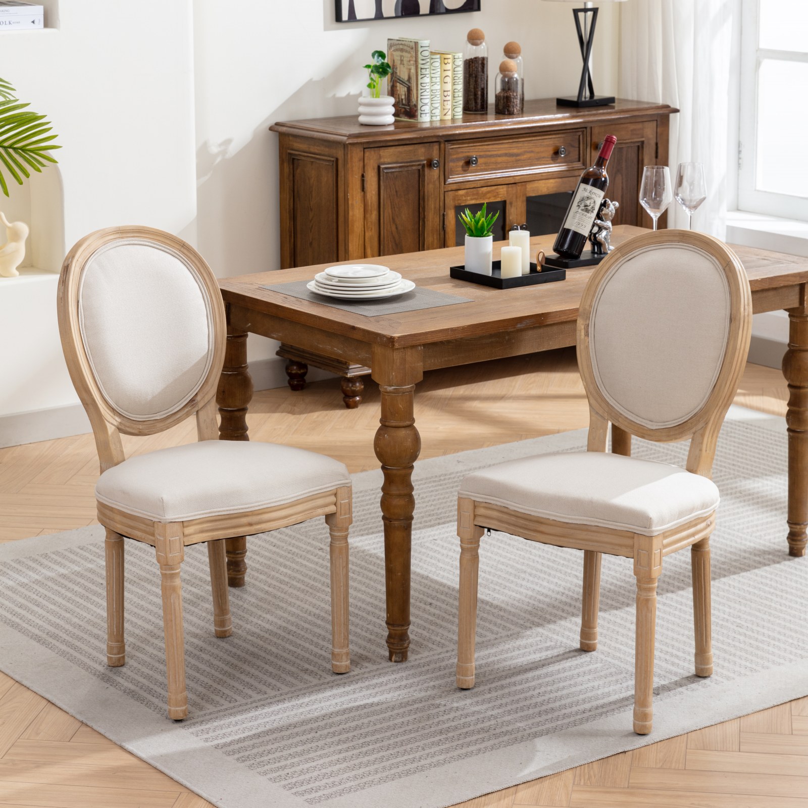 A&A Furniture,French Style Solid Wood Frame Antique Painting Linen Fabric Back Dining Chair,Set Of…