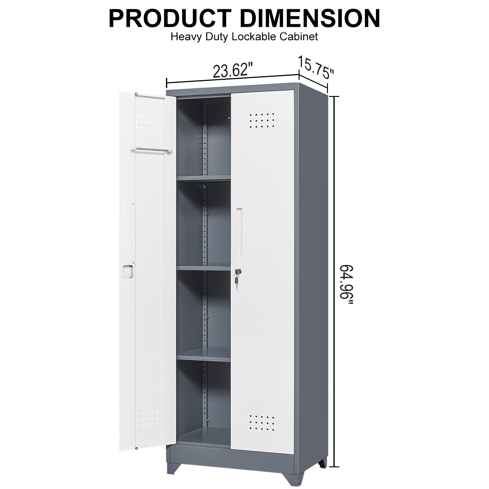 Broom Storage Cabinet With Locking Doors And Shelves, 65 H Metal Storage Cabinet With Hanging Rod & S-Hooks, Cleaning Tool Storage Cabinet Grey - Image 1