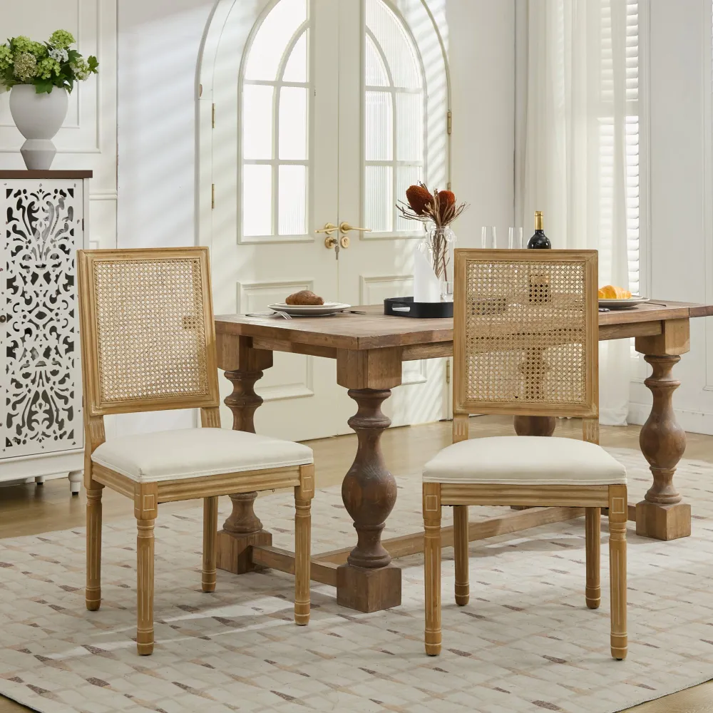 French Decor Chairs Set Of 2, Louis Dining Chairs With Square Rattan Backrest And Exquisitely Carved Solid Wood Frame For Living Room, Kitchen, Restaurant,SW1779BG, Beige
