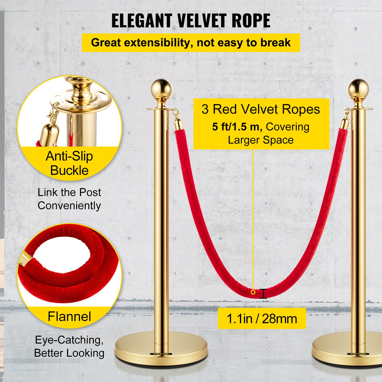 Velvet Ropes And Posts, 5 Ft-1.5 M Red Rope, Stainless Steel Gold Stanchion With Ball Top, Red Crowd Control Barrier Used For Theaters, Party, Wedding, Exhibition, Ticket Offices Pack Sets -6