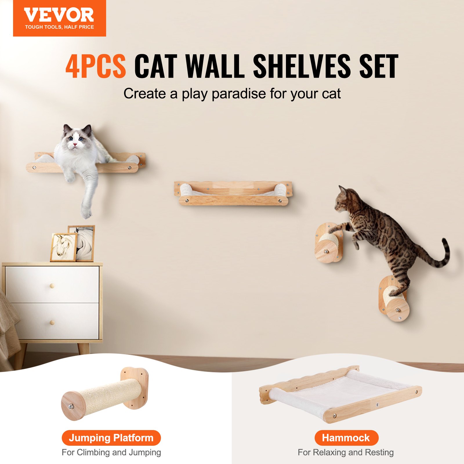 Wall Mounted Cat Shelves, Cat Wall Shelves And Perches With Jumping Posts & Hammocks, Cat Furniture Set Up To 40 Lbs, Removable & Washable Coral Fleece For Sleeping, Playing, Climbing, Set Of