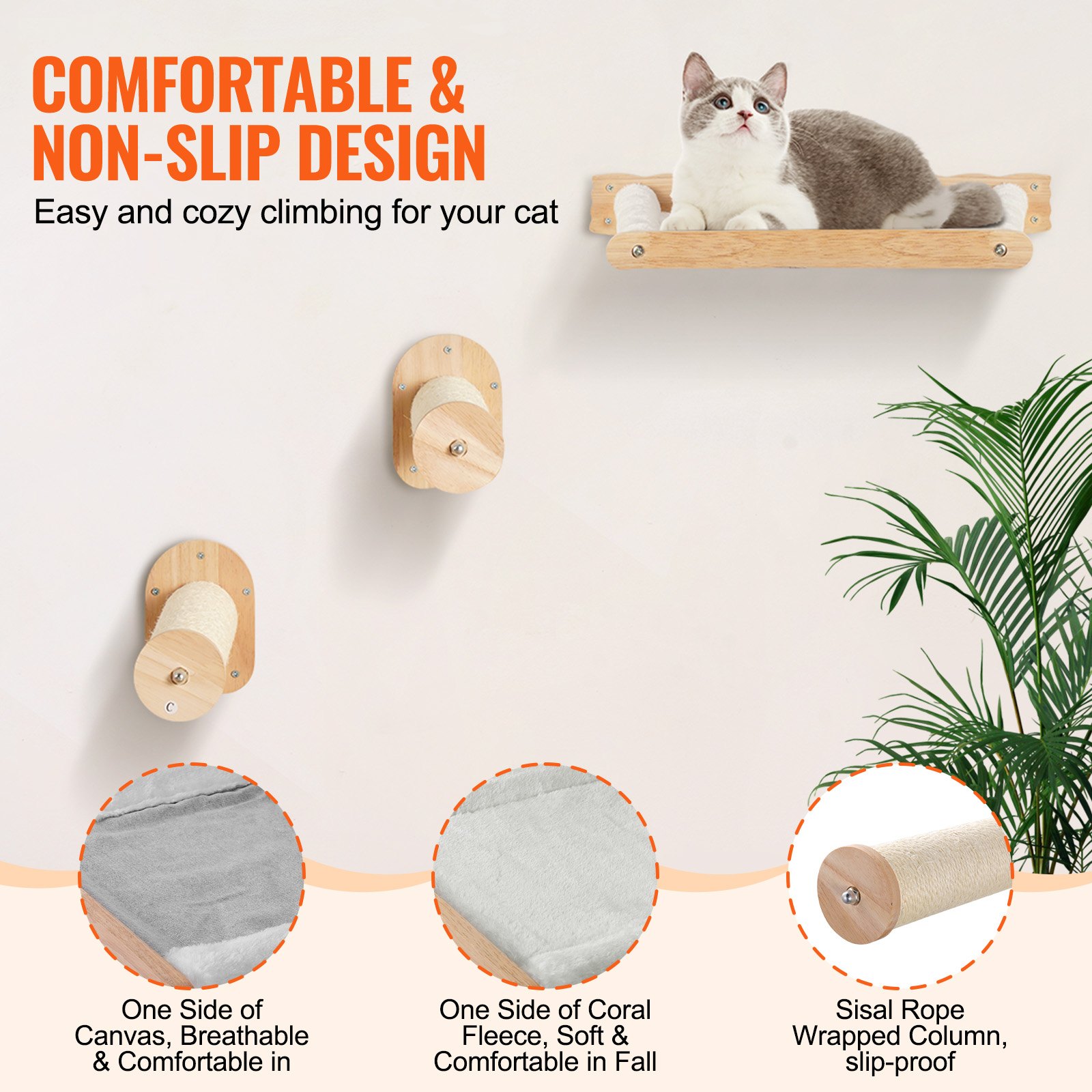 Wall Mounted Cat Shelves, Cat Wall Shelves And Perches With Jumping Posts & Hammocks, Cat Furniture Set Up To 40 Lbs, Removable & Washable Coral Fleece For Sleeping, Playing, Climbing, Set Of