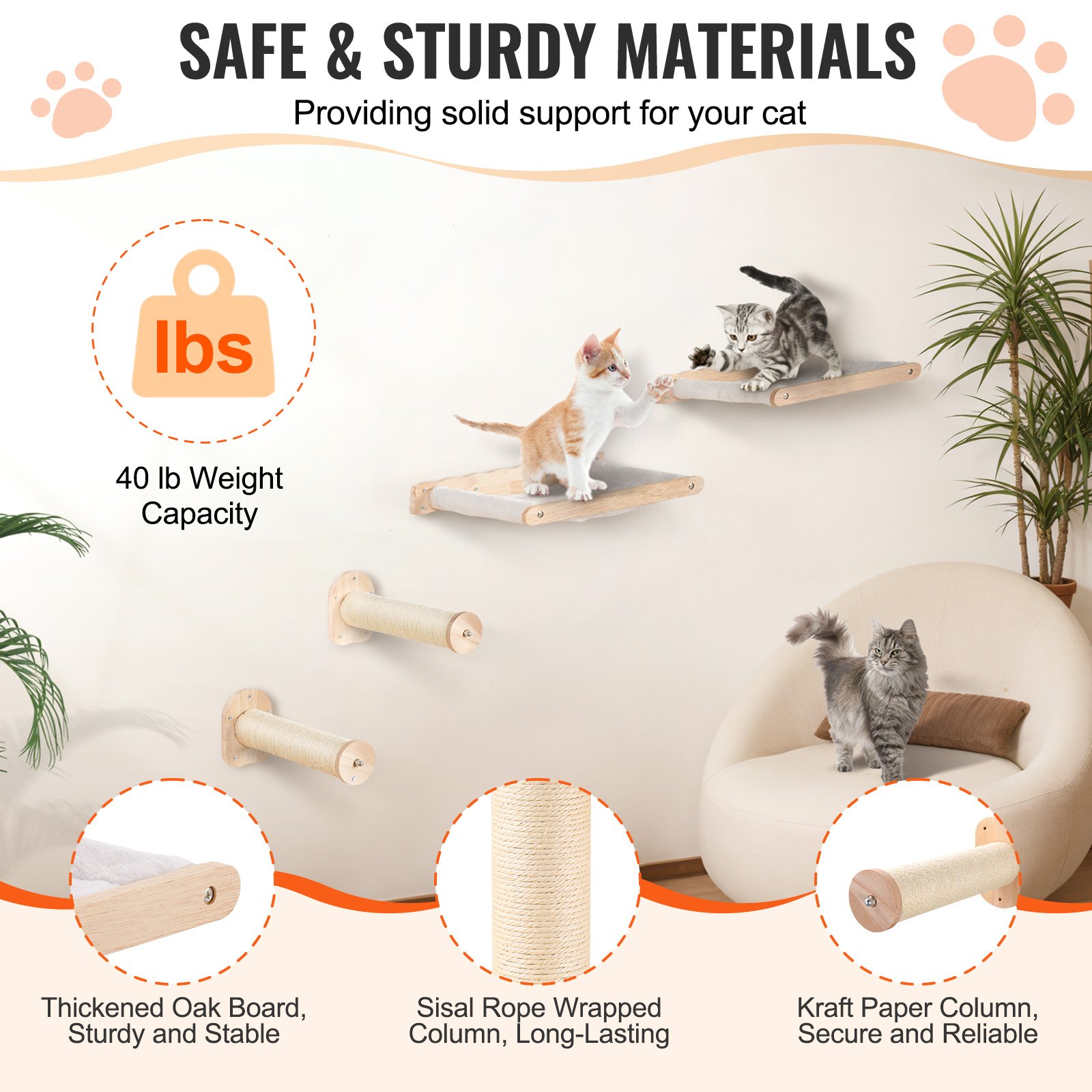 Wall Mounted Cat Shelves, Cat Wall Shelves And Perches With Jumping Posts & Hammocks, Cat Furniture Set Up To 40 Lbs, Removable & Washable Coral Fleece For Sleeping, Playing, Climbing, Set Of