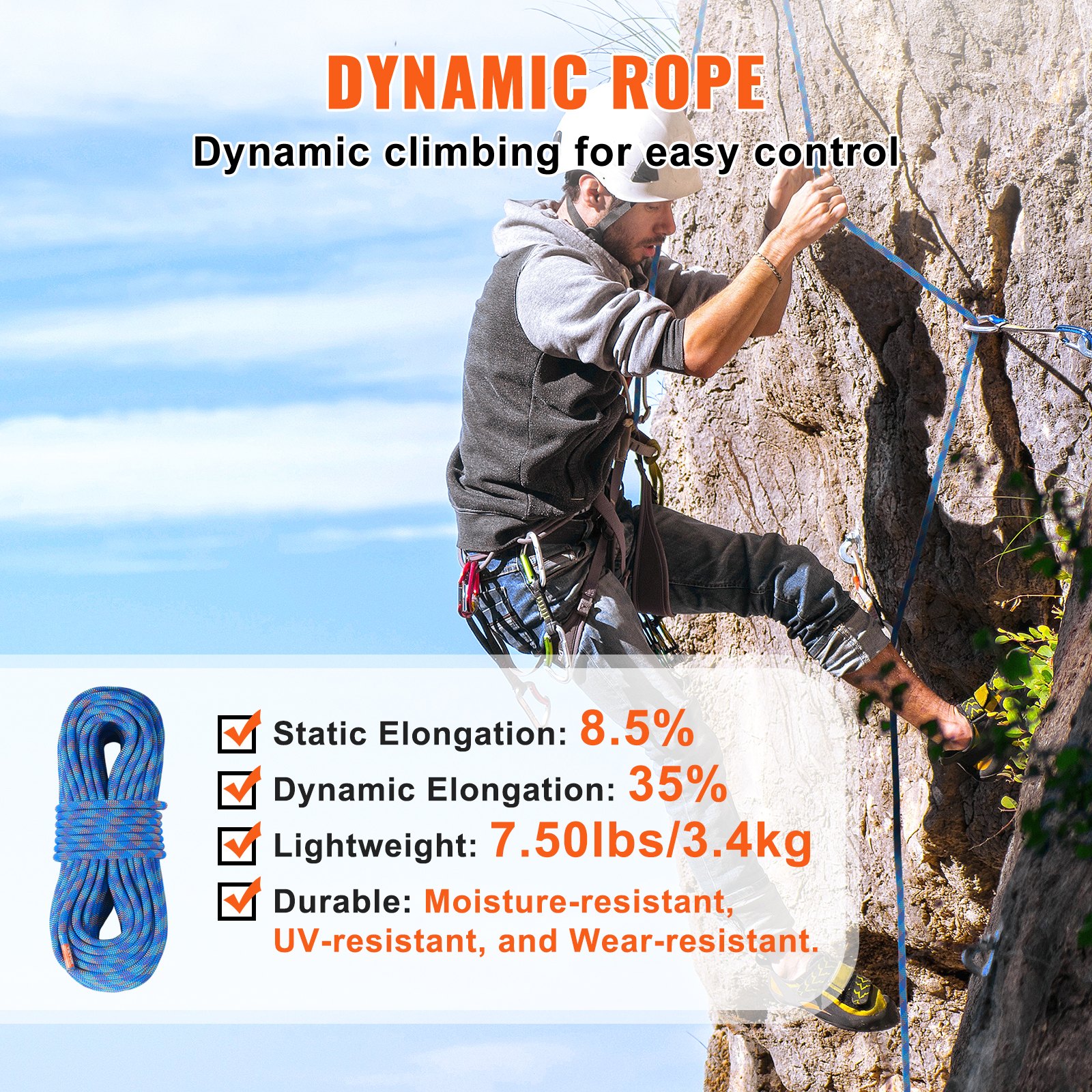 10.2mm Dynamic Climbing Rope, 50M  164ft Outdoor Rock Climbing Rope 25KN Breaking Tension, Stretchable Fiber Rope With Steel Snap Hooks For Escape, Rappelling, Fire Rescue, Blue