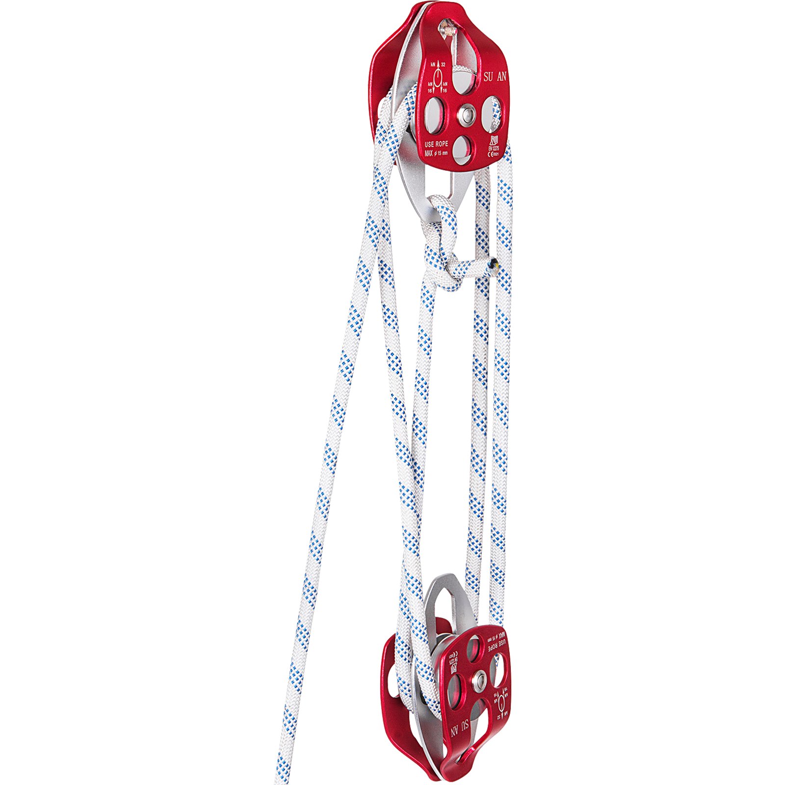 Twin Sheave Block And Tackle 12 Mm 30.48-60.96 M Twin Sheave Block With Braid Rope 2993.5-3498.6 Kg Double Pulley Rigging