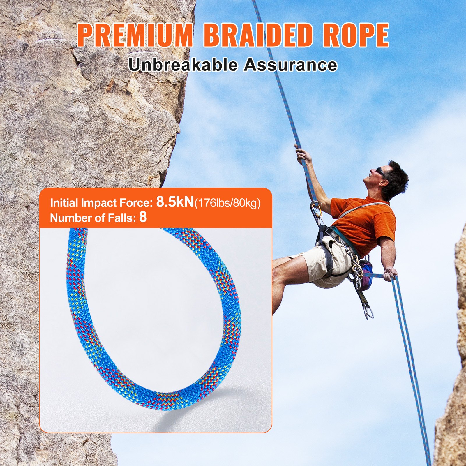 10.2mm Dynamic Climbing Rope, 50M  164ft Outdoor Rock Climbing Rope 25KN Breaking Tension, Stretchable Fiber Rope With Steel Snap Hooks For Escape, Rappelling, Fire Rescue, Blue