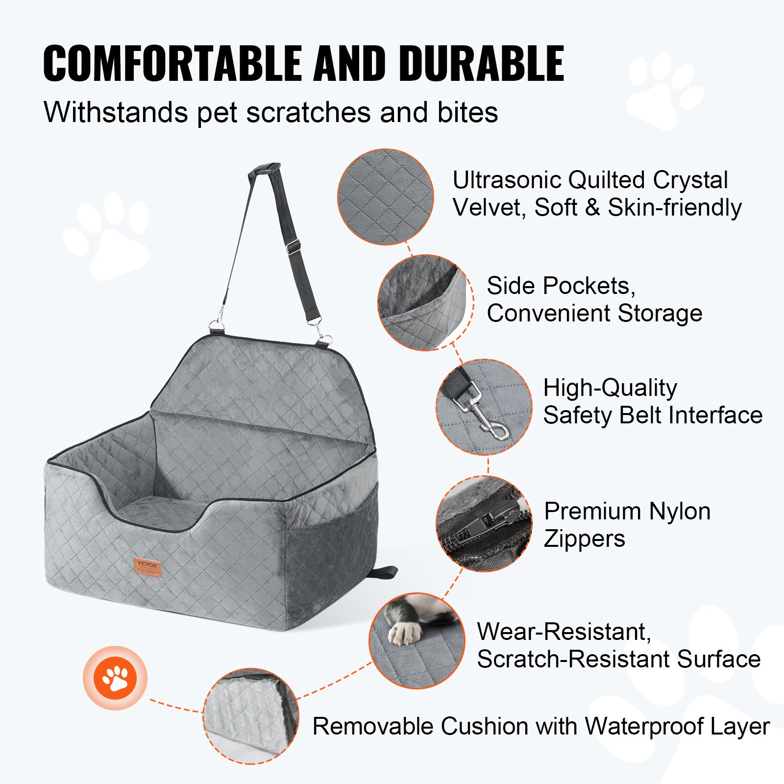 Dog Car Seat, Dog Booster Seat For Car With A Storage Pocket, Pet Car Seat With Clip-On Safety Leash, Sponge Filling, Dog Car Bed For Medium & Large Dog Up To 55 Lbs, Gray