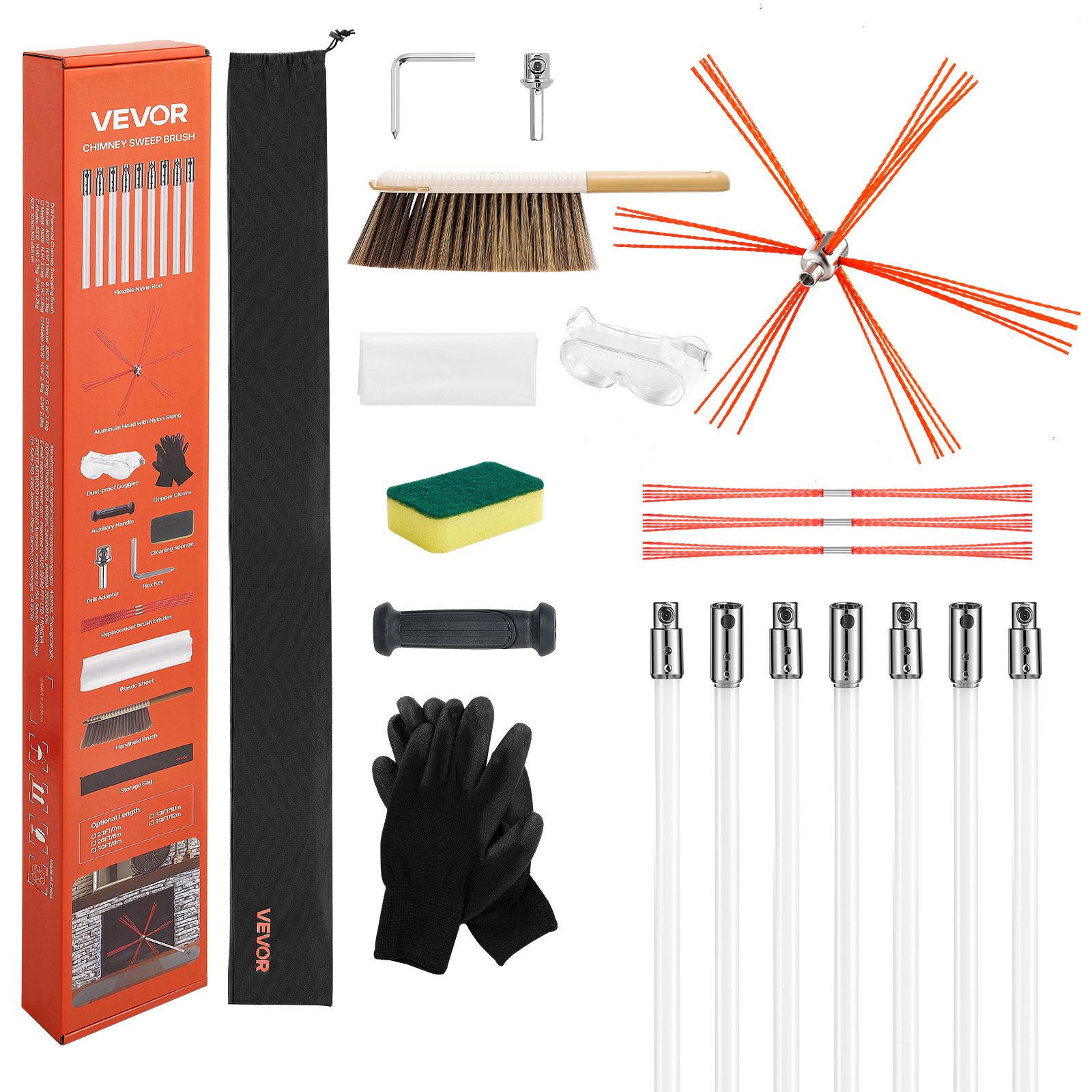 Chimney Sweep Kit, 23 Ft Maximum Extendable Length Chimney Brush, Chimneys Cleaning Kit With Bristle Replacements & Goggles, 90° Bendable Fireplace Cleaning Tool, For Square, Rectangle Chimneys