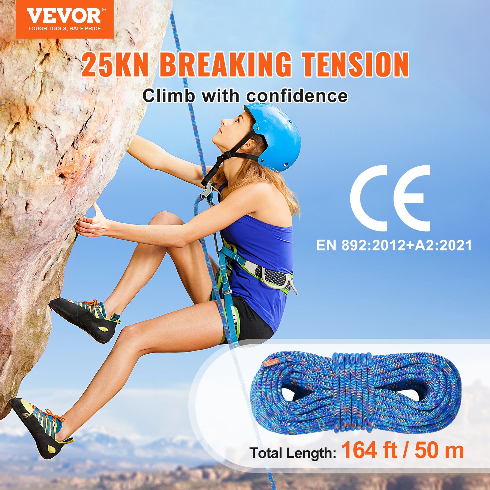 10.2mm Dynamic Climbing Rope, 50M  164ft Outdoor Rock Climbing Rope 25KN Breaking Tension, Stretchable Fiber Rope With Steel Snap Hooks For Escape, Rappelling, Fire Rescue, Blue