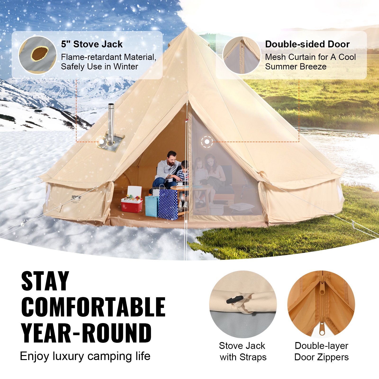 Canvas Bell Tent, 4 Seasons 3 M 9.8ft Yurt Tent, Canvas Tent For Camping With Stove Jack, Breathable Tent Holds Up To 4 People, Family Camping Outdoor Hunting Party