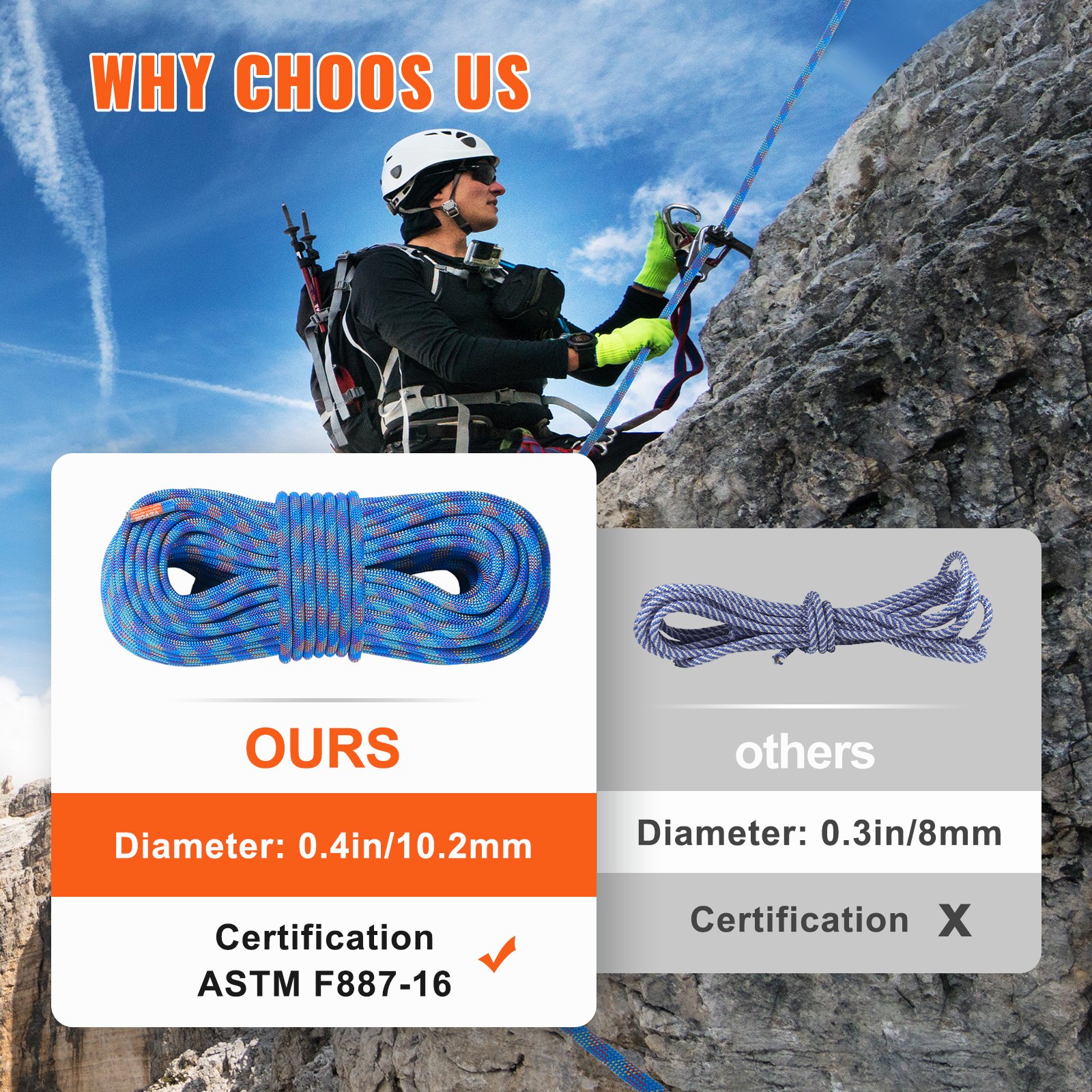 10.2mm Dynamic Climbing Rope, 50M  164ft Outdoor Rock Climbing Rope 25KN Breaking Tension, Stretchable Fiber Rope With Steel Snap Hooks For Escape, Rappelling, Fire Rescue, Blue