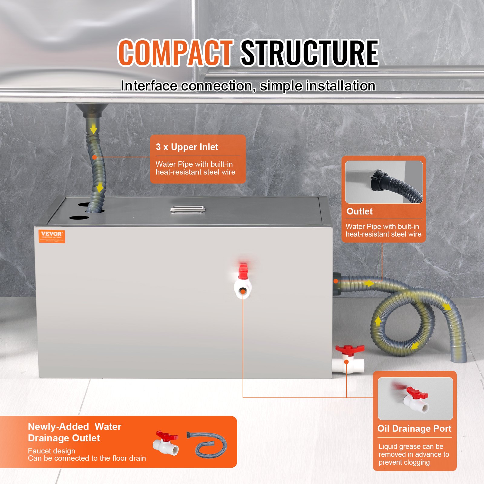 Commercial Grease Trap, 11.3 Kg Grease Interceptor, Top Inlet Interceptor, Under Sink Stainless Steel Grease Trap, 6.4 GPM Waste Water Oil-water Separator, For Restaurant Canteen Home Kitchen