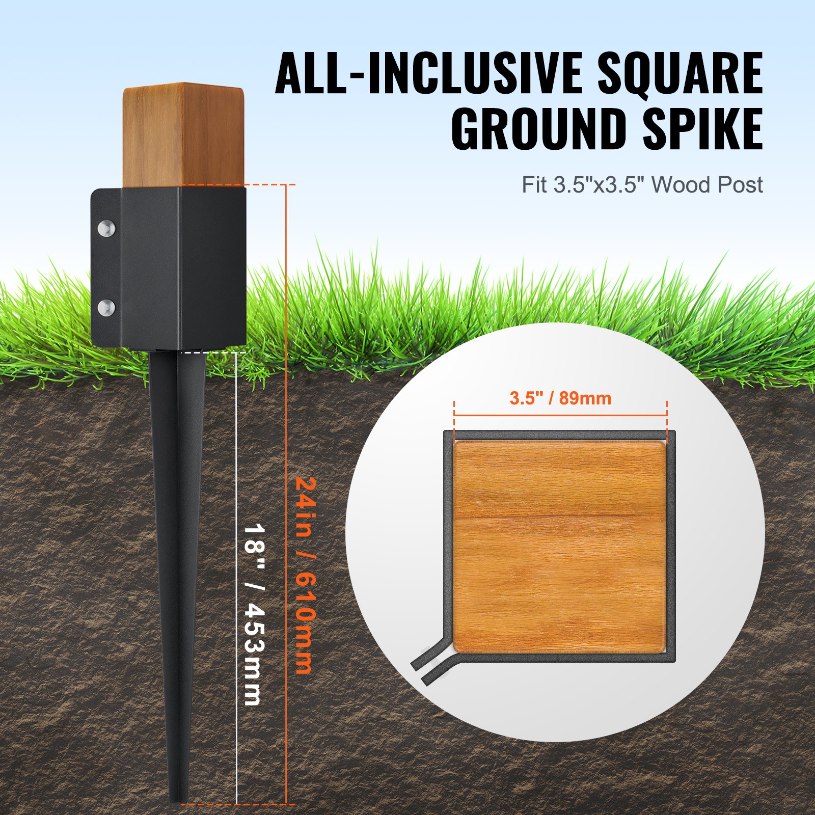 Fence Post Anchor Ground Spike, 8 Pack 24 X 4 X 4 Inches  61 X 10.2 X 10.2 Cm Outer Diameter Inner Diameter 3.5 X3.5 Inches   8.9 X 8.9 Cm