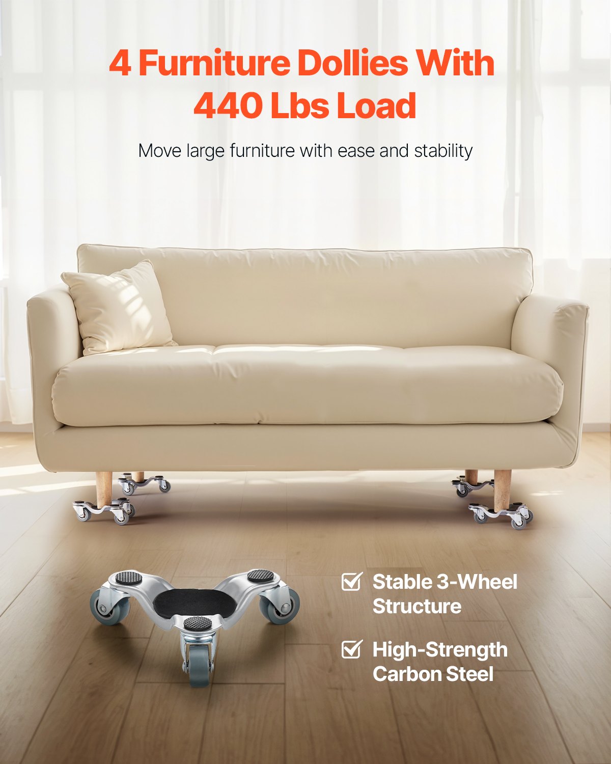 Furniture Dolly, 440 Lbs Load Capacity, 3 Wheel Steel 6.3 Tri-dolly Heavy Duty Mover With Triangle Swivel Caster, Carbon Steel Panel, Furniture Lift Mover Tool Set For Appliances, Sofa, Fridge