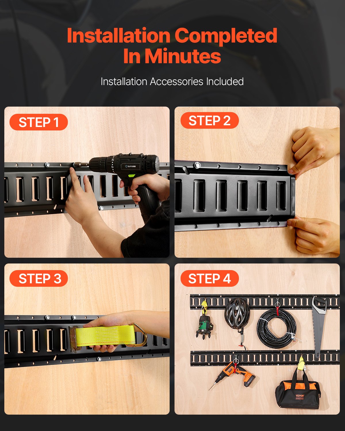 E Track Tie-Down Rail Kit, 18PCS 5′ E-Tracks Set Includes 4 Steel Rails & 8 O-Ring Anchors & 4 Tie-Offs With D-Ring & 2 Ratchet Straps, Securing Accessories For Cargo Motorcycles Bikes, 2000 Lbs