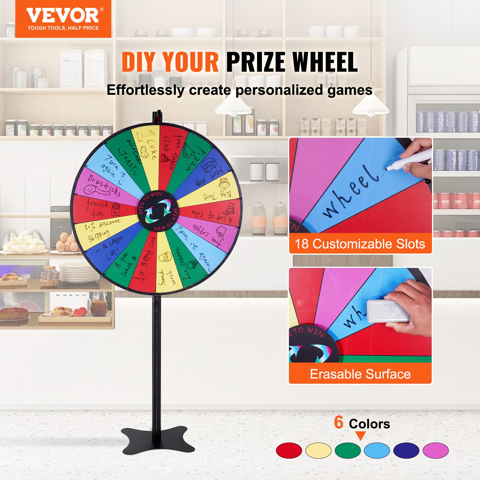36-Inch Adjustable Spinning Prize Wheel – 18-Slot Dry Erase Fortune Spin Game for Trade Shows, Carnivals & Parties
