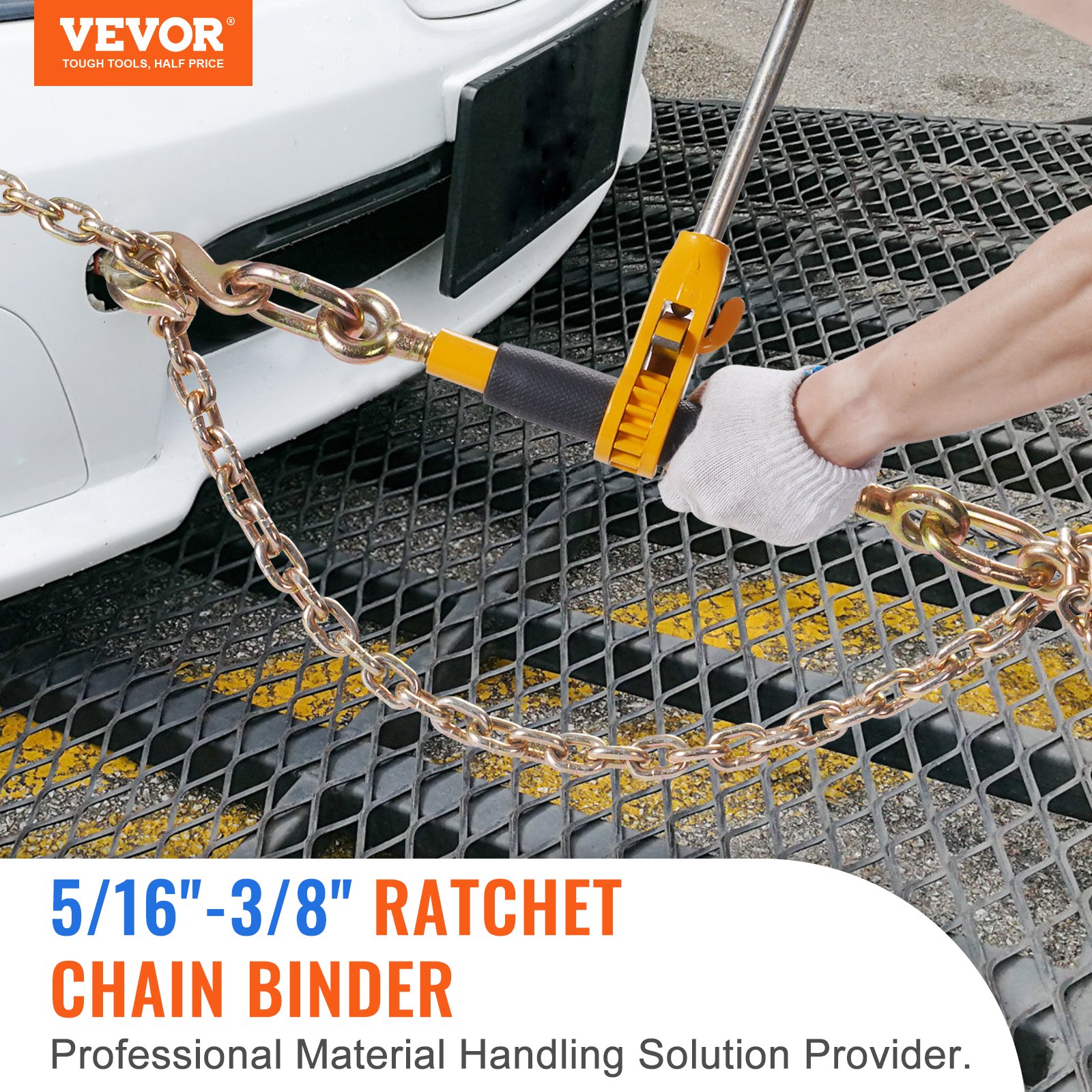 Close-up of anti-skid ergonomic handle on Vevor G80 ratchet chain binder for flatbed truck hauling