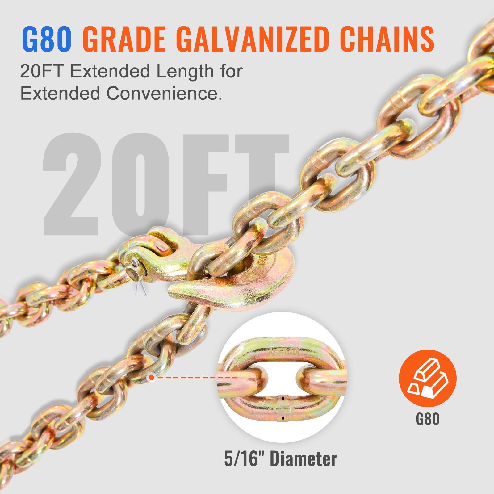 Vevor ratchet chain binder hooks showing G80 alloy steel construction resisting deformation under tension