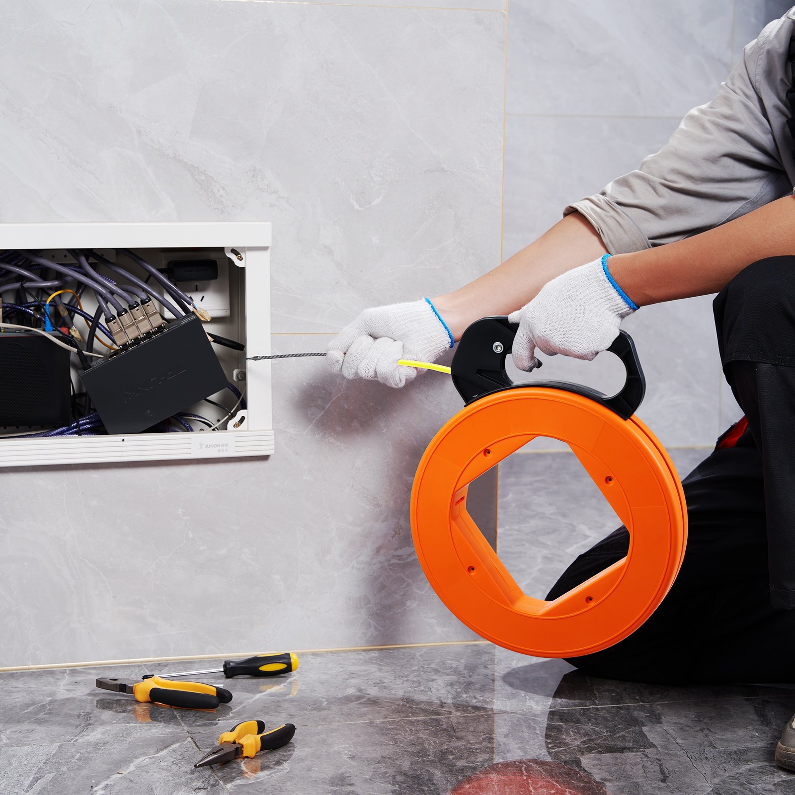 Fish Tape Wire Cable Line Puller 100ft 1/16in Fiberglass High Plastic Case – Orange