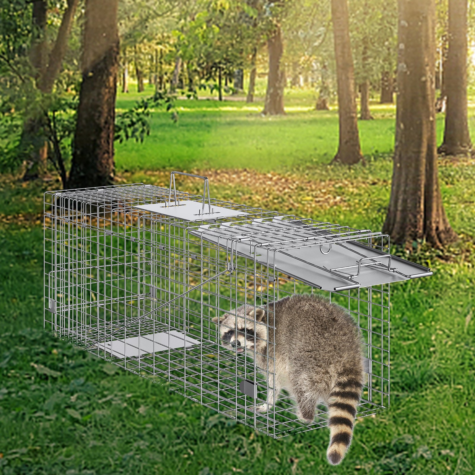 Live Animal Cage Trap, 31" X 10" X 12" Humane Cat Trap Galvanized Iron, Folding Animal Trap With Handle For Rabbits, Stray Cats, Squirrels, Raccoons, Groundhogs And Opossums image 6