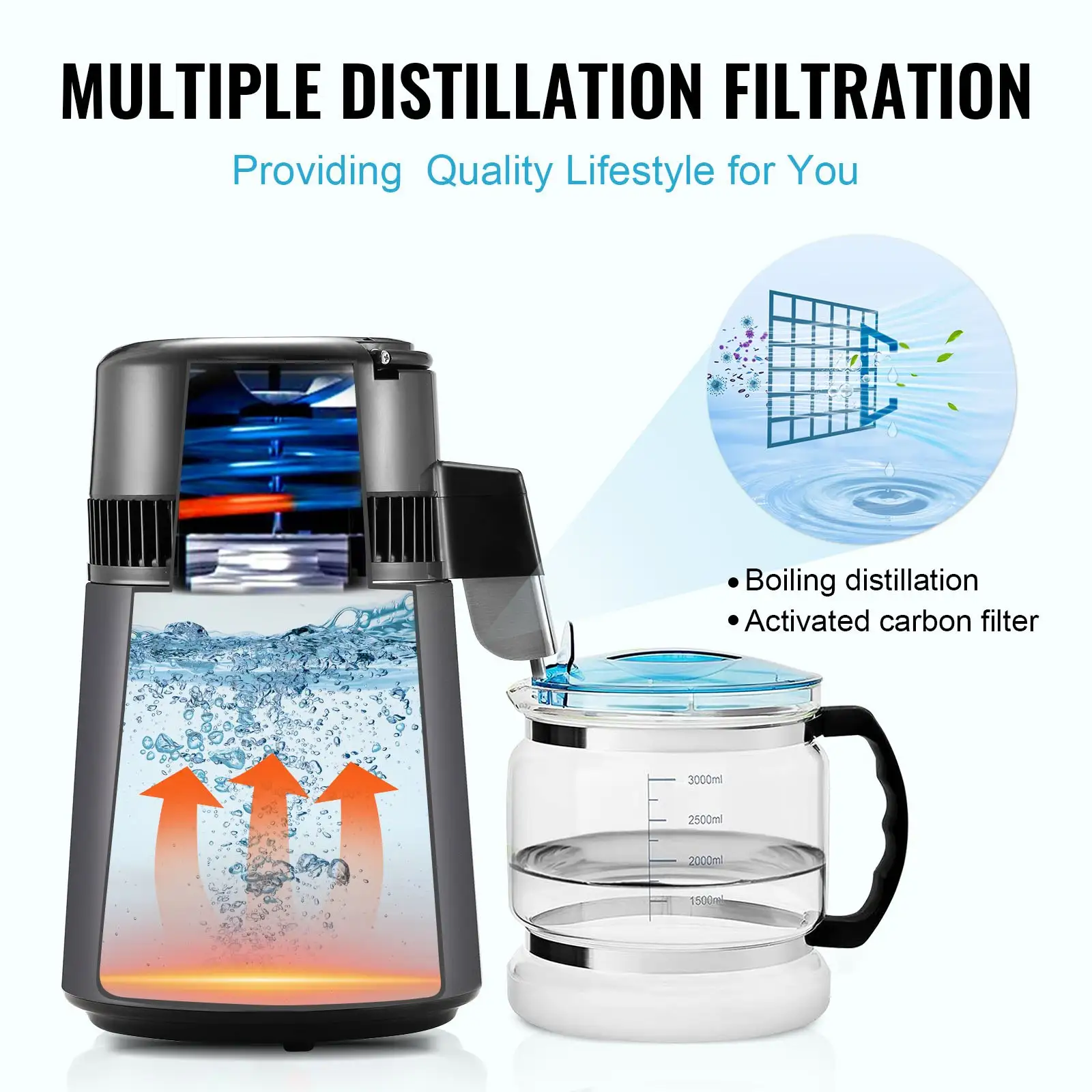 Water Distiller, 4L 1.05 Gallon Pure Water Purifier Filter For Home Countertop, 750W Distilled Water Maker, Stainless Steel Interior Distiller Water Making Mach