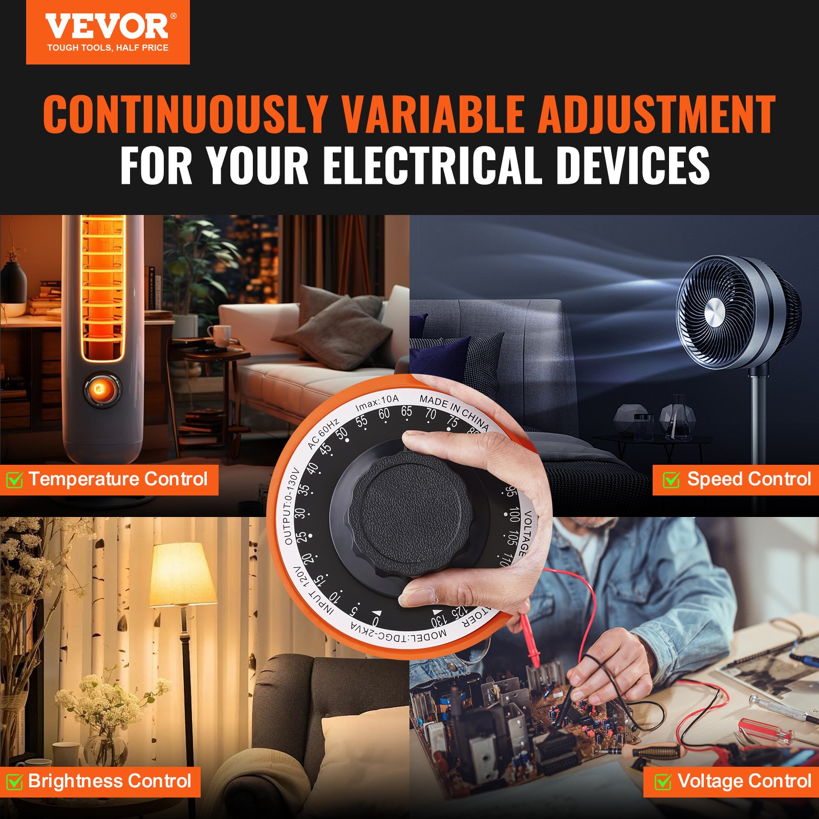 2000VA Auto Variable Voltage Transformer, 15.3 Amp, 110V Input 0-130V Output AC Voltage Regulator Power Supply, With 4 Extra Fuses Thermal Control Switch For Home Industrial Office