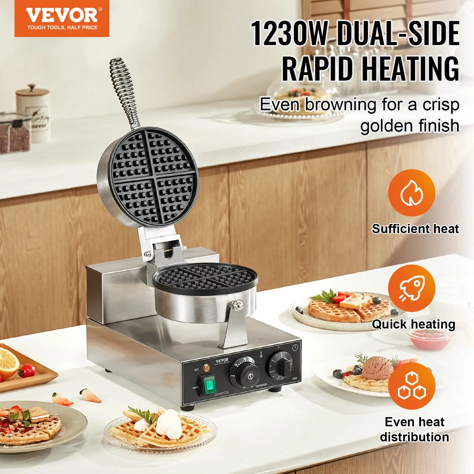 Commercial Waffle Maker Round Waffle Iron Baker Machine Non-Stick 1230W