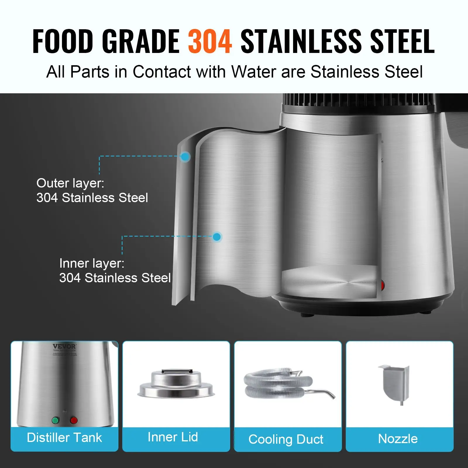 Water Distiller, 4L 1.05 Gallon Pure Water Purifier Filter For Home Countertop, 750W Distilled Water Maker, Stainless Steel Interior Distiller Water Making Mach