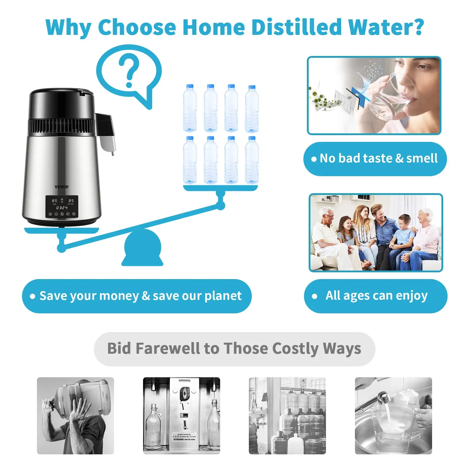 1.1Gal Water Distiller, 0.3Gal/H, 750W Distilled Water Maker Machine 0-99H Timing Dual Temp Display, 304 Stainless Steel Countertop Distiller Glass Carafe Clean